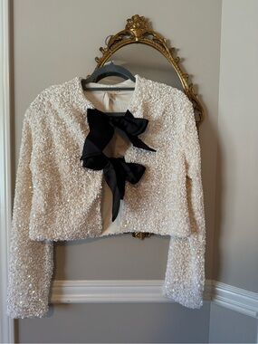 H&M White Sequin Cropped Blouse with Black Grosgrain Bow